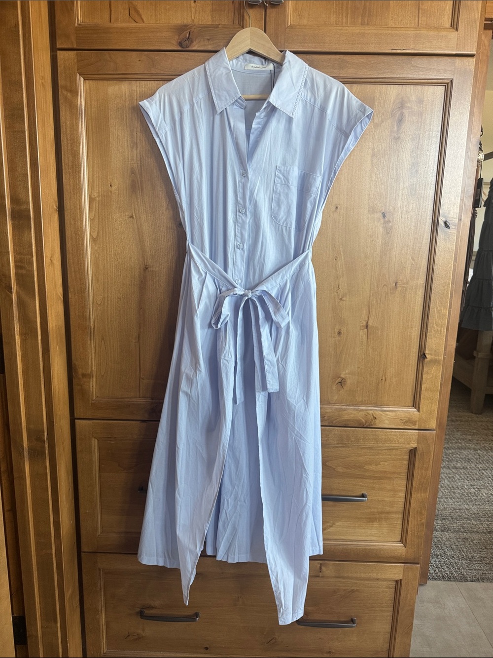 Mustard Seed Light Blue Midi Shirt Dress with Tie Waist